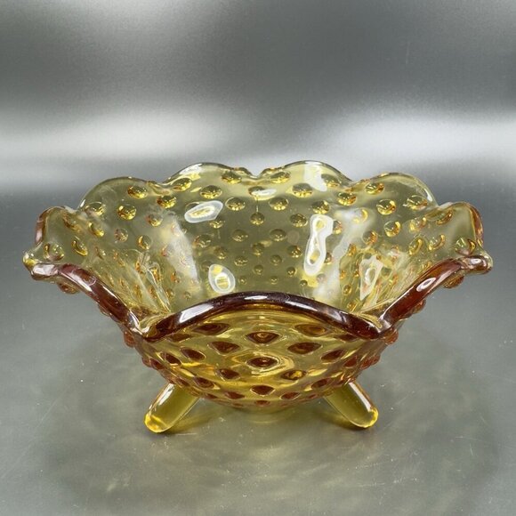 Vintage 3 Toed Hobnail Amber Footed Dish Bowl Container Wavy Edges Decor VTG - Picture 1 of 12